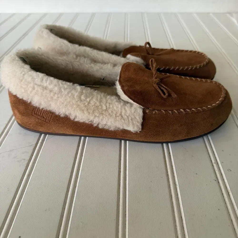 FitFlop Suede Shearling Moccasin Slippers Brown Cozy House Shoes Women’s size 8